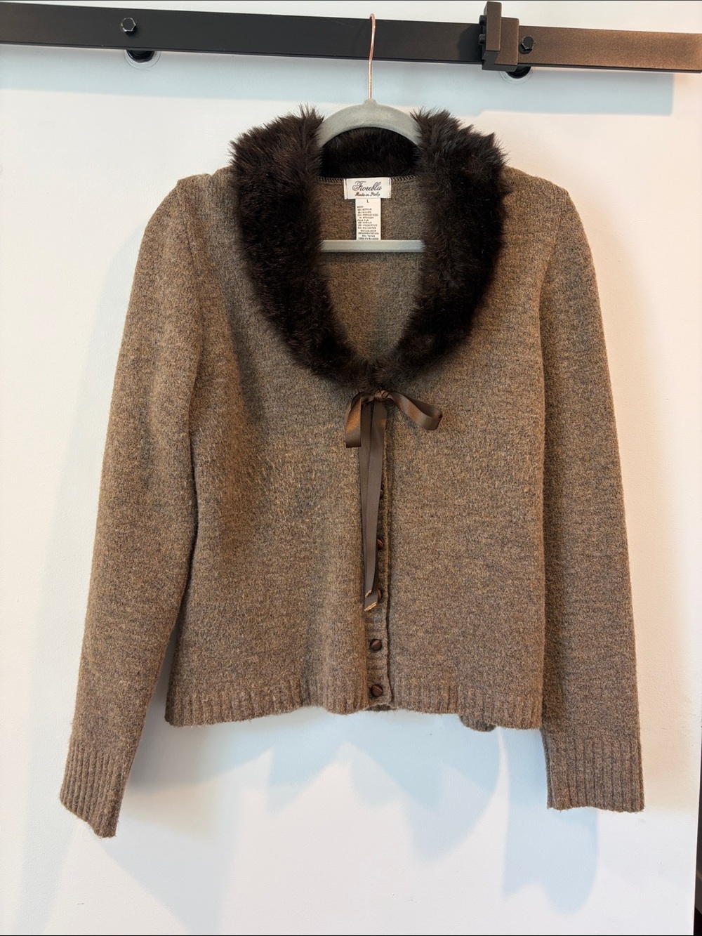 Made in Italy Faux-Fur Knit Cardigan with Ribbon Tie